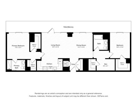 Floor plan for 2 beds, 2 baths, 1072 sqft